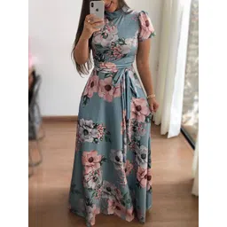 StyleCast Floral Print High Neck Short Sleeves A-Line Maxi Dress-picture-37
