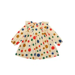 StyleCast Girls Beige & Green Polka Dot Print Cotton Fit & Flare Mini Cotton Dress image 1