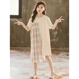 StyleCast Girls Beige Checked Cotton T-shirt Dress-picture-52
