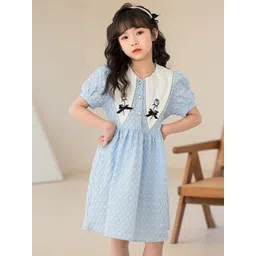 StyleCast Girls Blue Puff Sleeve Cotton Fit & Flare Midi Dress-picture-11
