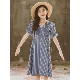 StyleCast Girls Blue Striped V-Neck Puff Sleeve Ruffles Detail Cotton A-Line Dress-picture-16