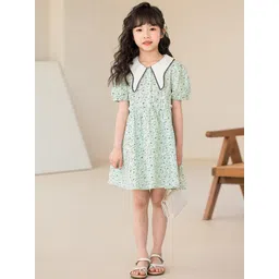 StyleCast Girls Green Floral Printed Peter Pan Collar Puff Sleeve Cotton A-Line Dress-picture-38