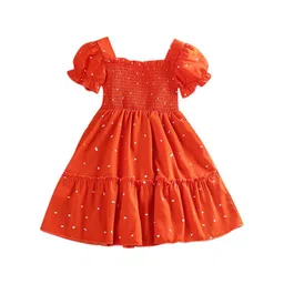 StyleCast Girls Orange Polka Dot Printed Smocked Tiered Fit and Flare Midi Dress-picture-32