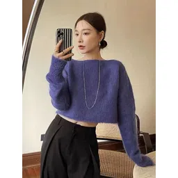 StyleCast Girls Purple Self Design Boat Neck Crop Top-picture-23