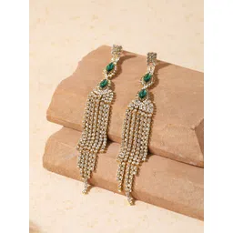StyleCast Gold-Plated Rhinestone Studded Tasselled Square Shaped Drop Earrings-picture-10