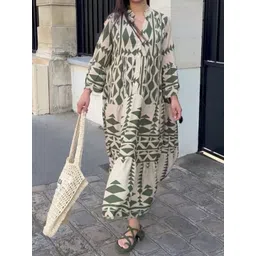 StyleCast Green Geometric Printed Mandarin Collar Bishop Sleeves Tiered A-Line Dress-picture-26