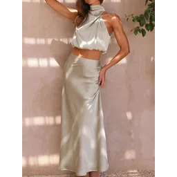 StyleCast Green High Neck Top With Skirt Co-Ords-picture-28