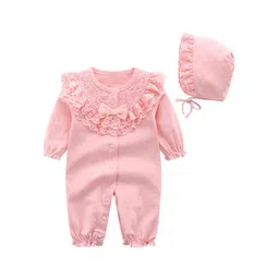 StyleCast Infant Girls Pink Self Design Cotton Rompers With Hat-picture-34