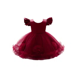 StyleCast Maroon & blood red Flutter Sleeve Applique Fit & Flare Midi Dress-picture-47