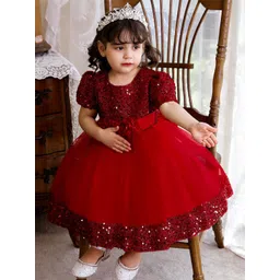 StyleCast Maroon & dark red Embellished Puff Sleeve Fit & Flare Midi Dress-picture-49