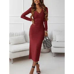 StyleCast Maroon V-Neck Long Sleeve Bodycon Midi Dress-picture-10
