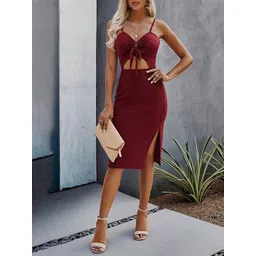 StyleCast Maroon V-Neck Sleeveless Tie-Ups Cotton Bodycon Dress-picture-10