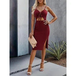 StyleCast Maroon V-Neck Sleeveless Tie-Ups Cotton Bodycon Dress image 2
