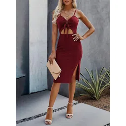 StyleCast Maroon V-Neck Sleeveless Tie-Ups Cotton Bodycon Dress image 3