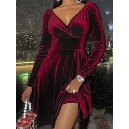 StyleCast Maroon V-Neck Velvet Fit & Flare Dress-picture-16