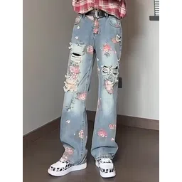 StyleCast Men Floral Printed Straight Fit Mid-Rise Cotton Highly Distressed Jeans-picture-19