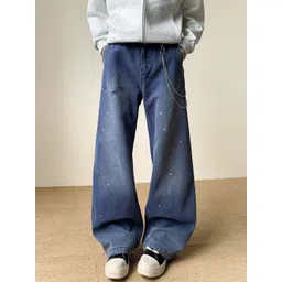 StyleCast Men Low-Rise Low Distress Faded Indigo Wide-Leg Jeans With Paint Splatter-picture-39