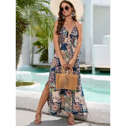 StyleCast Navy Blue Floral Printed Cotton Halter Neck Maxi Dress-picture-18