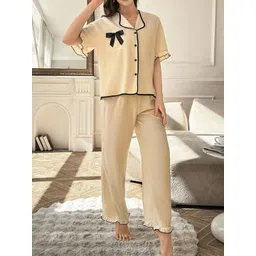 StyleCast Off White & Black Lapel Collar Night Suits-picture-23