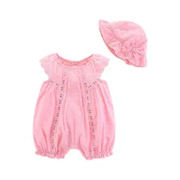 StyleCast Pink Infant Girls Self Designed Cotton Rompers With Cap-picture-13