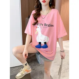 StyleCast Pink Print Round Neck Drop-Shoulder Sleeves Oversized T Shirt-picture-11