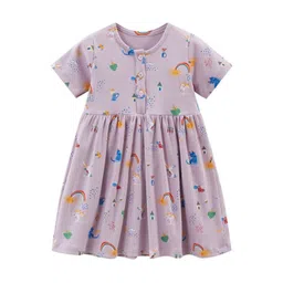 StyleCast Purple Girls Conversational Printed Gathered Fit and Flare Cotton T-shirt Dress-picture-29