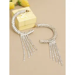 StyleCast Silver-Plated CZ Studded Tasselled Circular Shaped Half Hoop Earrings-picture-34