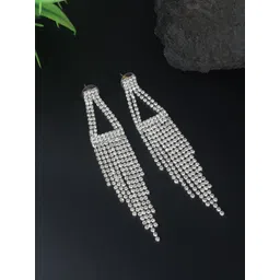StyleCast Silver-Plated Rhinestone Studded Contemporary Shaped Tasselled Drop Earrings-picture-29