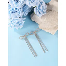 StyleCast Silver-Plated Rhinestone Studded Tasselled Bow Shaped Drop Earrings-picture-12