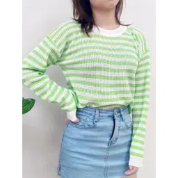 StyleCast Teen Girls Green & White Horizontal Striped Extended Sleeves Top-picture-13