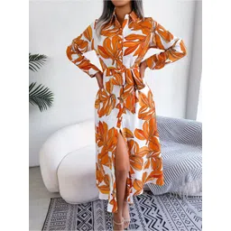 StyleCast White & Orange Floral Printed Shirt Style Midi Dress-picture-12