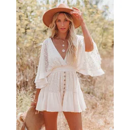 StyleCast White Self Design V-Neck Flared Sleeve Chiffon Fit & Flare Mini Dress-picture-16