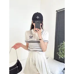 StyleCast White Teen Girls Horizontal Striped Shirt Collar Top-picture-16
