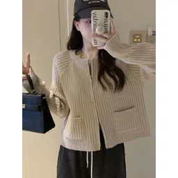 StyleCast Women Beige Solid Mock Collar Cardigan-picture-38