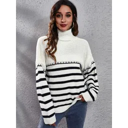 StyleCast Women Black & White Striped Acrylic Pullover-picture-11