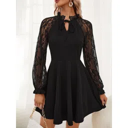 StyleCast Women Black Solid Mini Party Dress with Lace Sleeves-picture-15