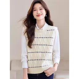 StyleCast Women Cable Knit Self Design V-Neck Sleeveless Sweater Vest-picture-28