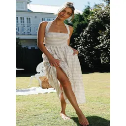 StyleCast Women Checked Halter Neck Smocked Fit and Flare Dress-picture-34