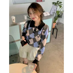 StyleCast Women Checked Lapel Collar Long Sleeves Pullover-picture-12