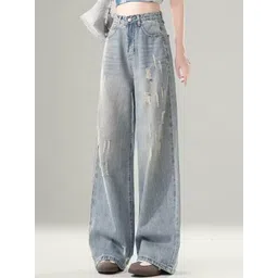 StyleCast Women Cotton Wide Leg High-Rise Low Distress Light Fade Jeans-picture-18