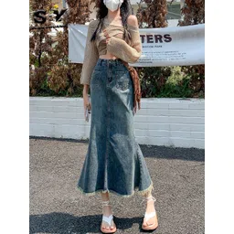 StyleCast Women Denim Solid A-Line Frayed Denim Midi Skirt-picture-33