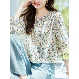 StyleCast Women Floral Printed Cuffed Sleeves Cotton Shirt Style Top-picture-39