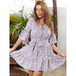 StyleCast Women Floral Printed Keyhole Neck Bell Sleeve Fit and Flare Mini Dress-picture-21