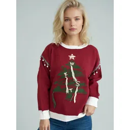 StyleCast Women Graphic Embroidered Round Neck Long Sleeves Pullover Sweaters-picture-36