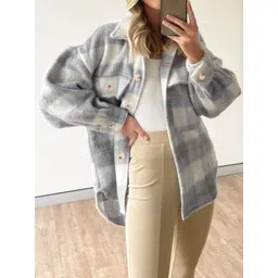 StyleCast Women Grey Checked Longline Tailored Jacket-picture-17