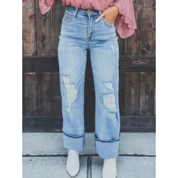 StyleCast Women High-Rise Highly Distressed Light Fade Cotton Bootcut Jeans-picture-11