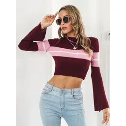 StyleCast Women Maroon & Pink Striped Striped Crop Pullover-picture-35