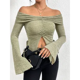 StyleCast Women Off-Shoulder Bell Sleeve Solid Bardot Top-picture-25