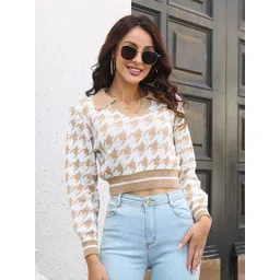 StyleCast Women Off White & Yellow Cable Knit Printed Crop Pullover-picture-34