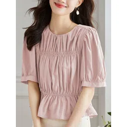 StyleCast Women Pink Solid Puff Sleeves Gathered Top-picture-16